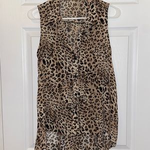 Sheer Animal Print High-Low Top with Button Back Detail